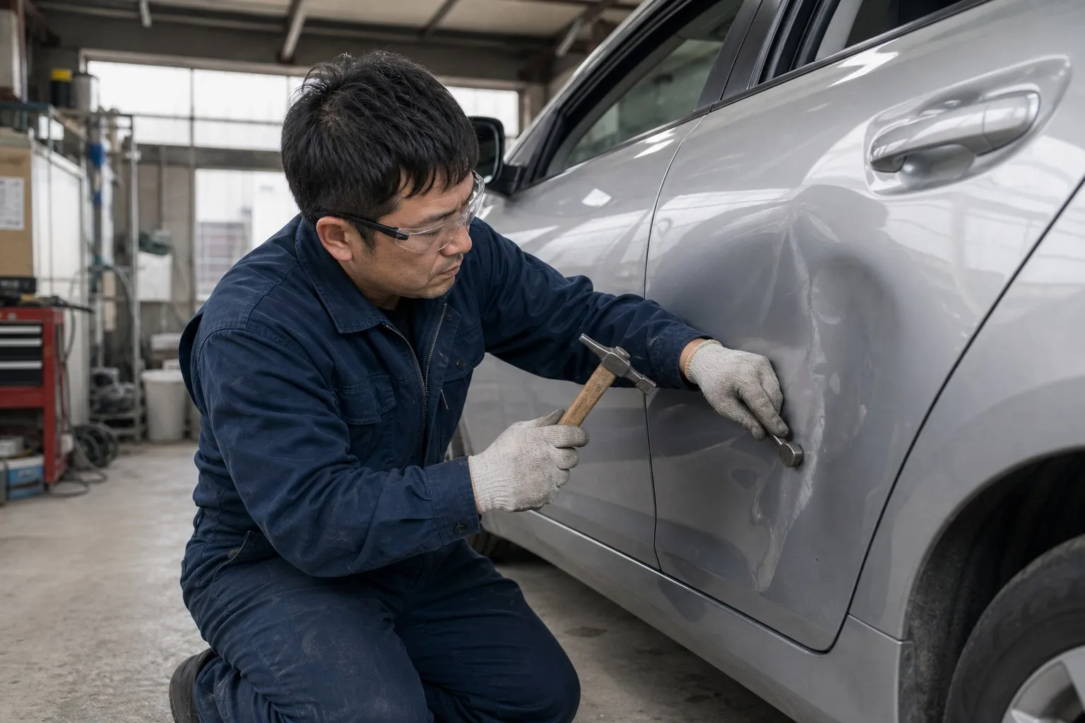 車体のへこみを補修する鈑金スタッフ