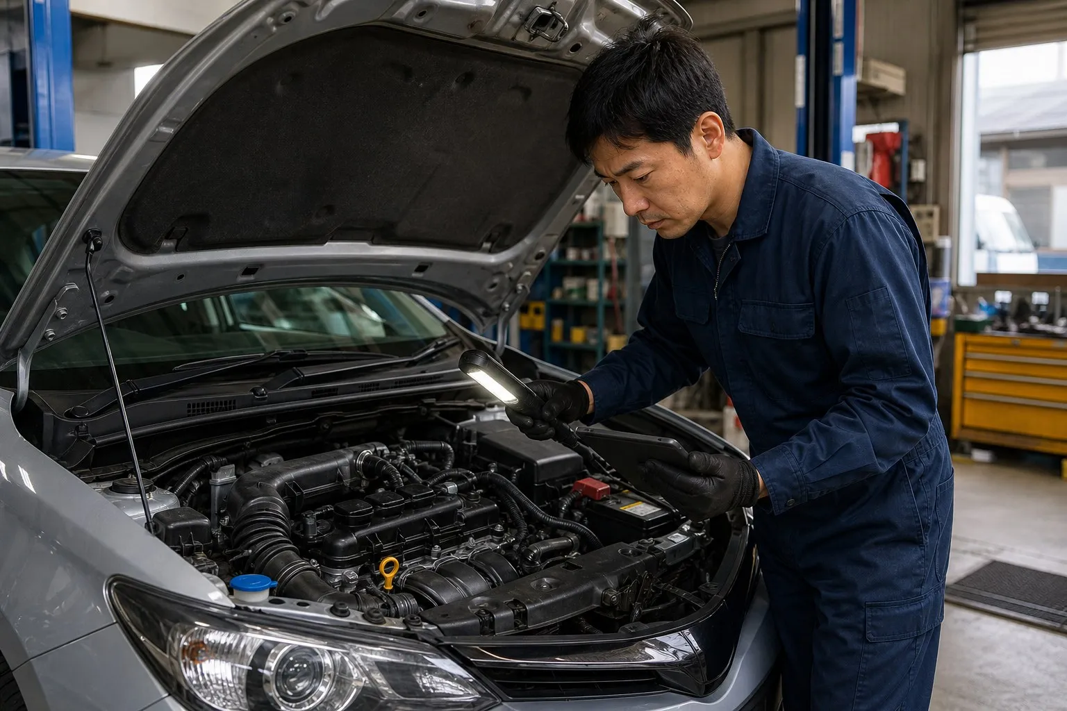 エンジンルームを点検する整備スタッフ