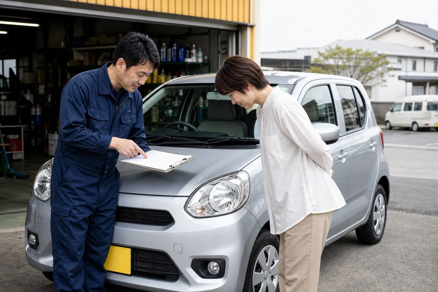 レンタカーの車両状態を確認するスタッフと利用者