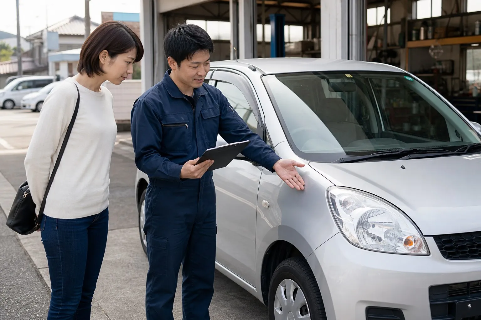 車両の状態を説明する販売スタッフ