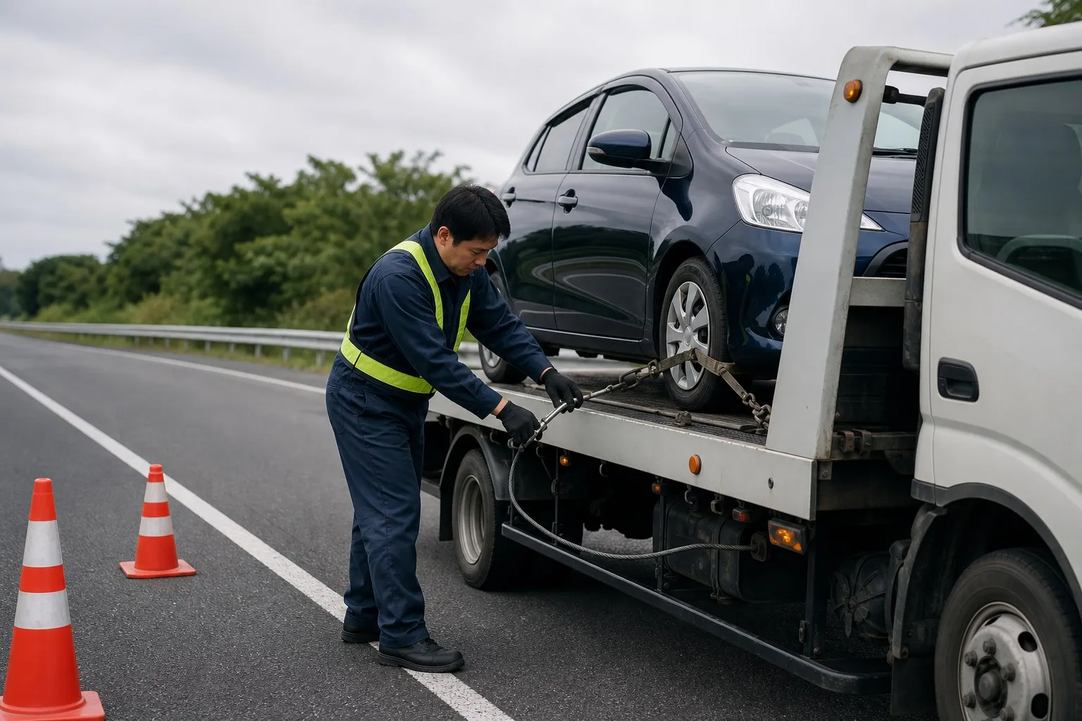 積載車に車両を固定するレッカースタッフ